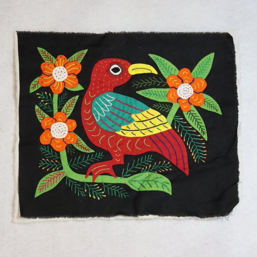 Handmade Mola Bird Textile‎ Art OS Black Unisex Embroidered Folk Art Panel